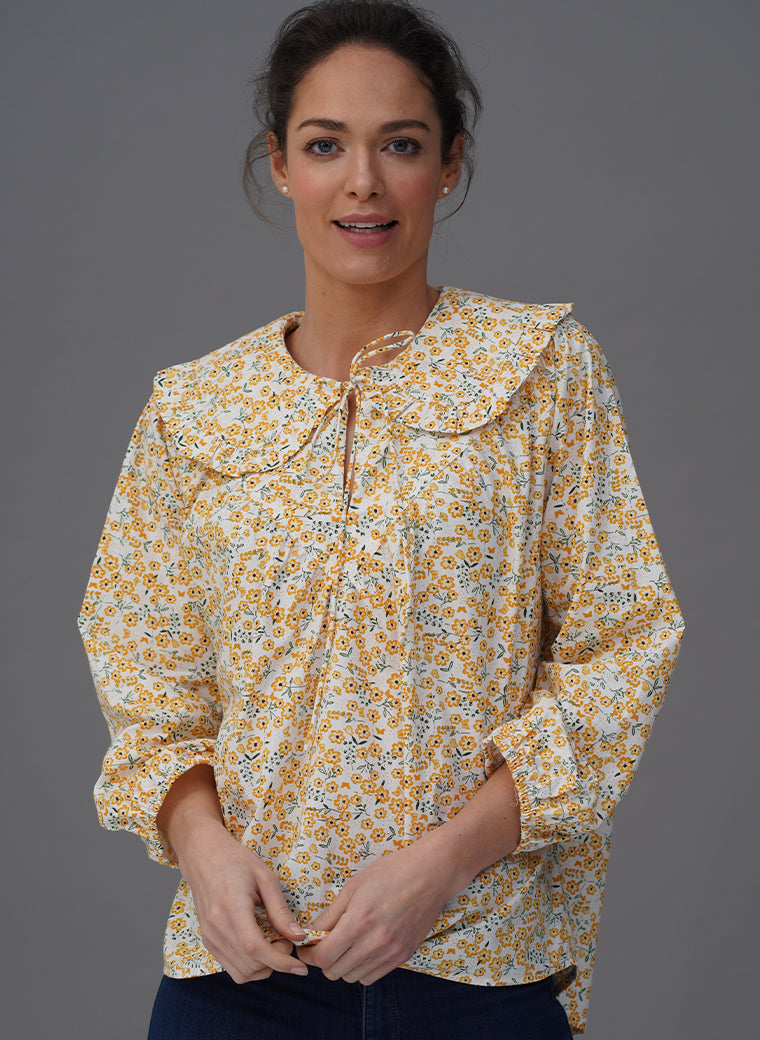 ELSA PRAIRIE COLLAR YELLOW FLORAL PRINT EASY FIT POP-OVER SHIRT