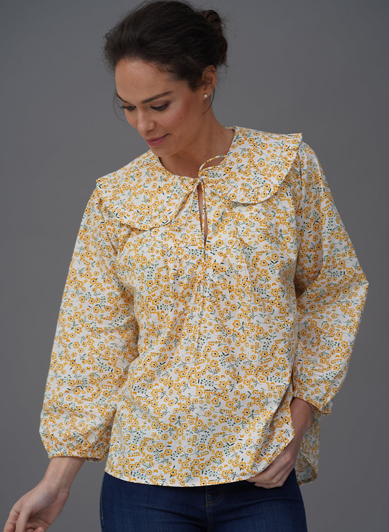 ELSA PRAIRIE COLLAR YELLOW FLORAL PRINT EASY FIT POP-OVER SHIRT