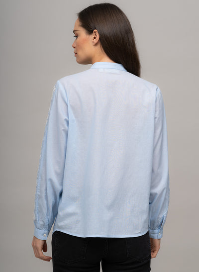 FRANCIS LONGLINE EMBROIDERED COTTON VOILE BAND COLLAR SHIRT IN BLUE