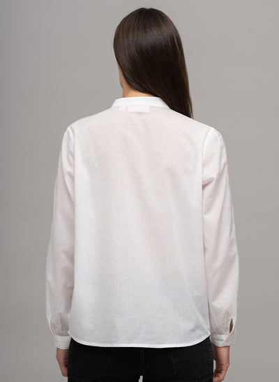 FRANCIS LONGLINE EMBROIDERED COTTON VOILE BAND COLLAR SHIRT IN WHITE