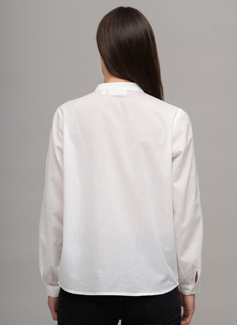FRANCIS LONGLINE EMBROIDERED COTTON VOILE BAND COLLAR SHIRT IN WHITE