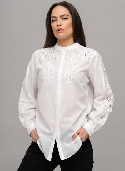 FRANCIS LONGLINE EMBROIDERED COTTON VOILE BAND COLLAR SHIRT IN WHITE