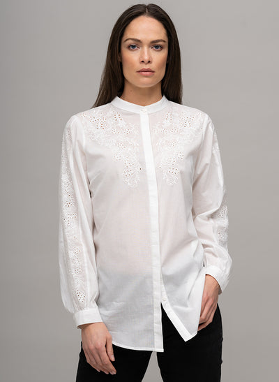 FRANCIS LONGLINE EMBROIDERED COTTON VOILE BAND COLLAR SHIRT IN WHITE