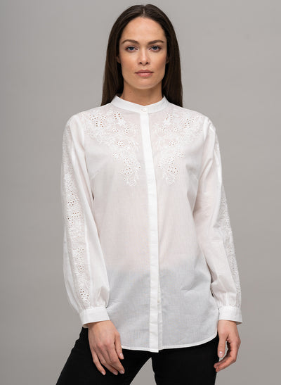 FRANCIS LONGLINE EMBROIDERED COTTON VOILE BAND COLLAR SHIRT IN WHITE