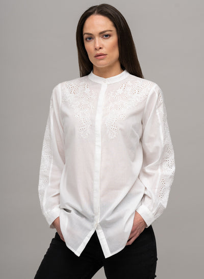 FRANCIS LONGLINE EMBROIDERED COTTON VOILE BAND COLLAR SHIRT IN WHITE