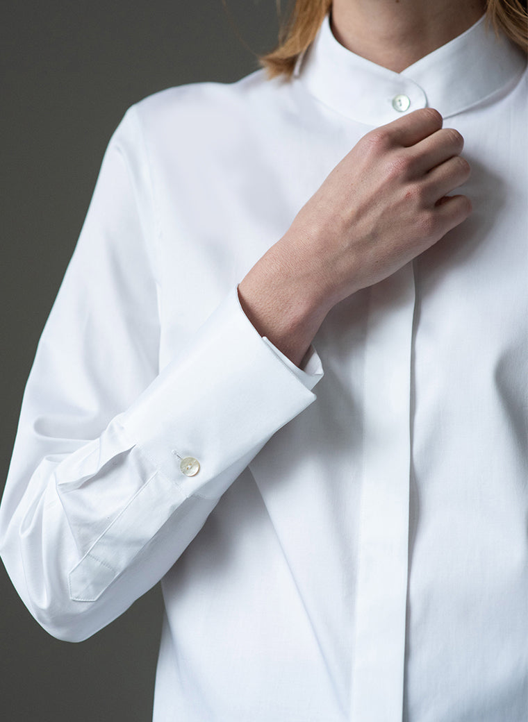 gerry white minimal collar organic cotton shirt closeup