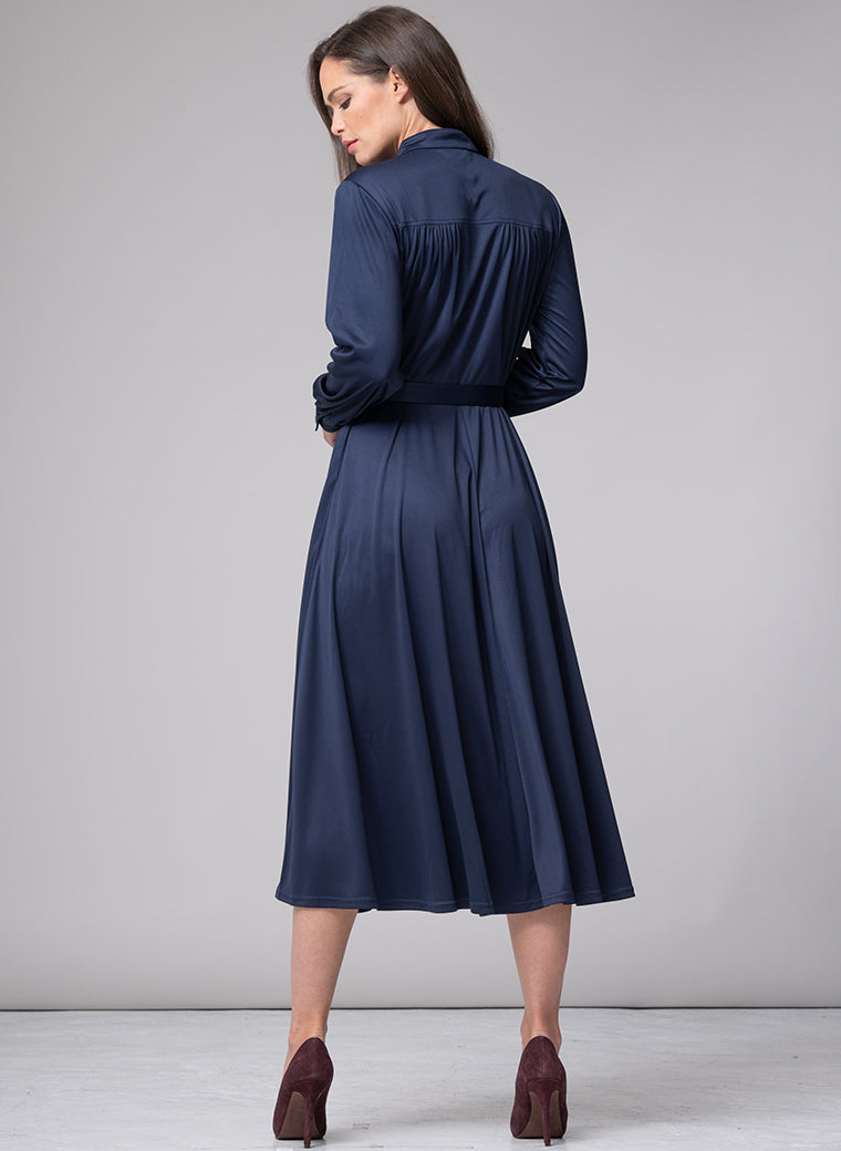 HILARY PARISIAN SILKY JERSEY EVERYDAY MIDI DRESS IN NAVY BLUE