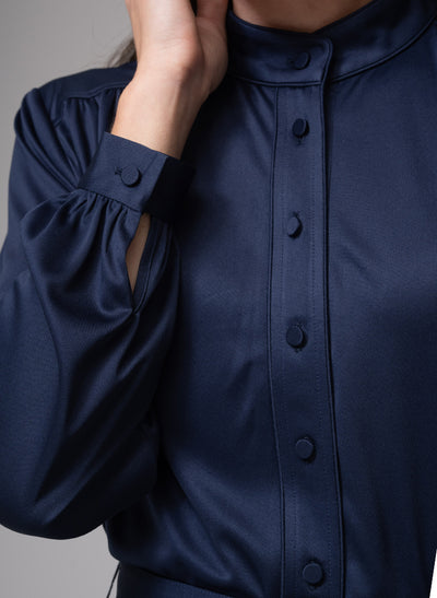 HILARY PARISIAN SILKY JERSEY EVERYDAY MIDI DRESS IN NAVY BLUE