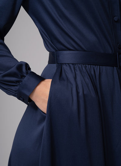 HILARY PARISIAN SILKY JERSEY EVERYDAY MIDI DRESS IN NAVY BLUE