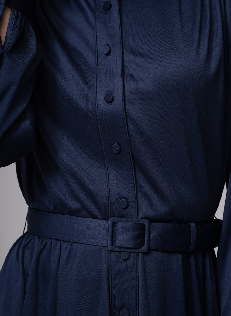 HILARY PARISIAN SILKY JERSEY EVERYDAY MIDI DRESS IN NAVY BLUE