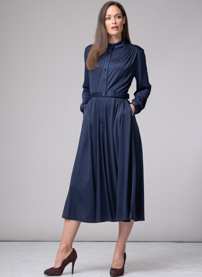 HILARY PARISIAN SILKY JERSEY EVERYDAY MIDI DRESS IN NAVY BLUE