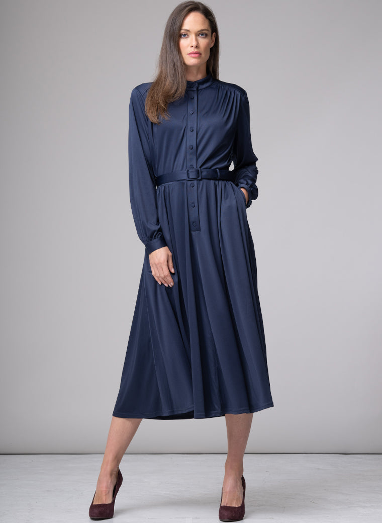 HILARY PARISIAN SILKY JERSEY EVERYDAY MIDI DRESS IN NAVY BLUE