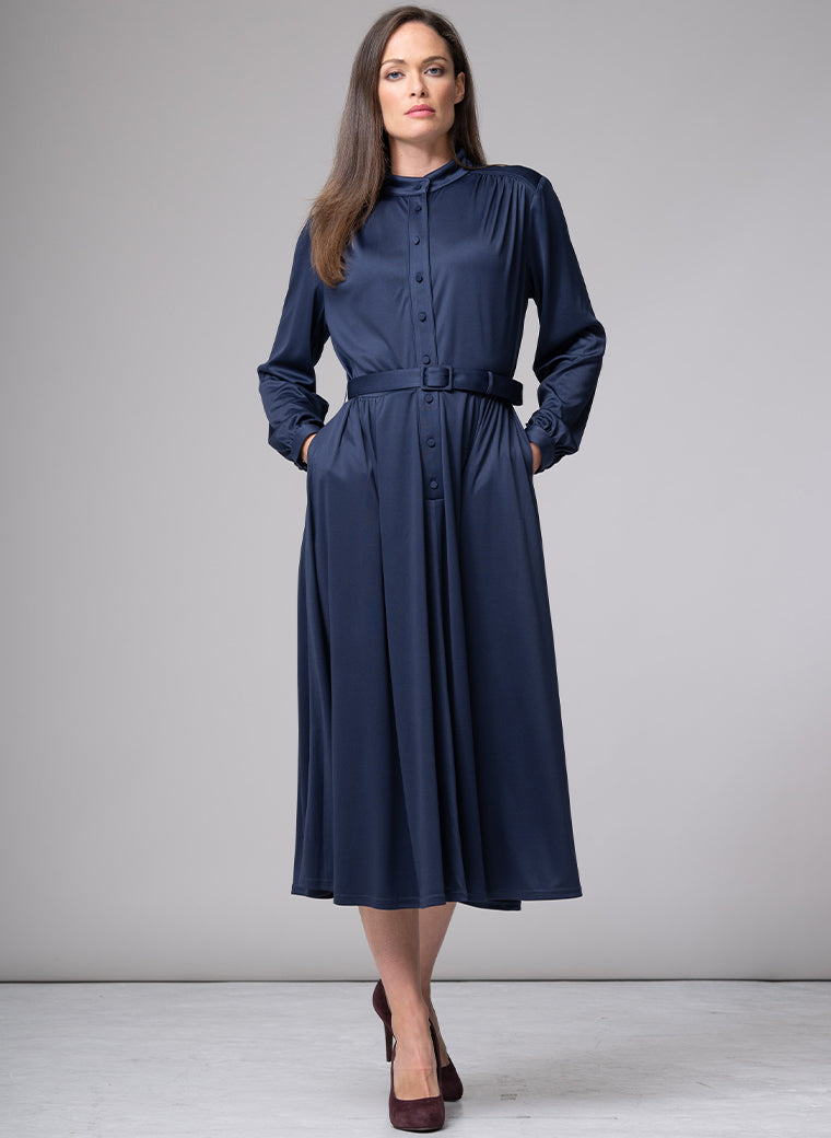 HILARY PARISIAN SILKY JERSEY EVERYDAY MIDI DRESS IN NAVY BLUE