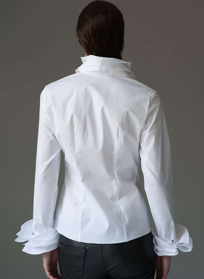 Isabella white tiered ruffle collar long sleeves shirt viewed from the back