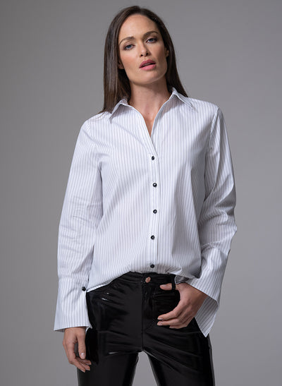 JACQUELINE ANDROGYNOUS EXAGGERATED CUFF EASY FIT COTTON SHIRT IN BLACK & WHITE STRIPE
