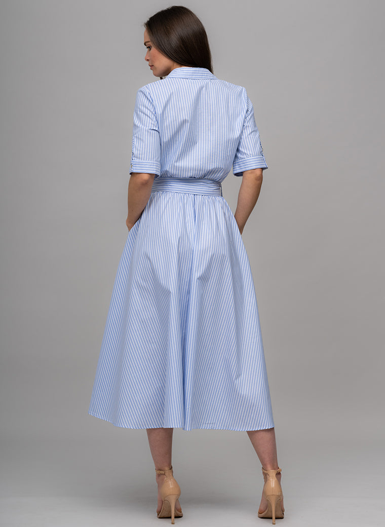 LE MARAIS BLUE AND WHITE STRIPE EVERYDAY MIDI SHIRT DRESS