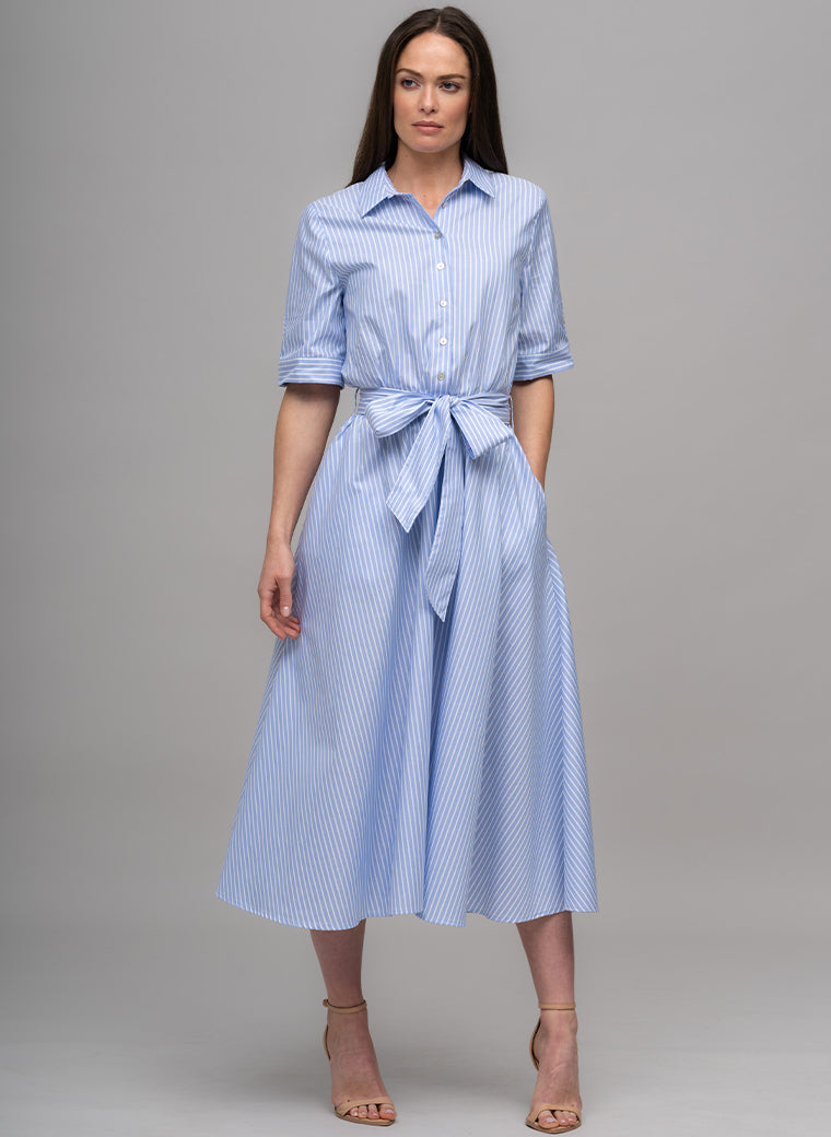 LE MARAIS BLUE AND WHITE STRIPE EVERYDAY MIDI SHIRT DRESS