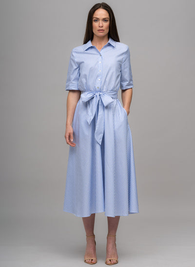 LE MARAIS BLUE AND WHITE STRIPE EVERYDAY MIDI SHIRT DRESS