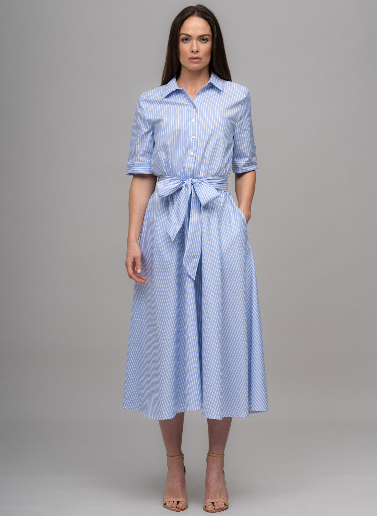 LE MARAIS BLUE AND WHITE STRIPE EVERYDAY MIDI SHIRT DRESS