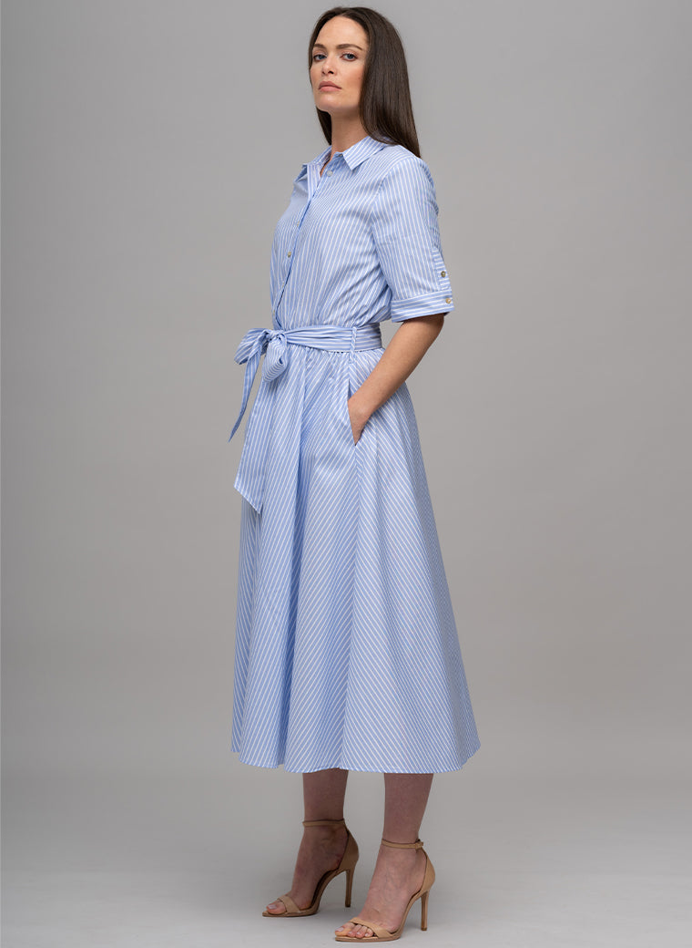 LE MARAIS BLUE AND WHITE STRIPE EVERYDAY MIDI SHIRT DRESS