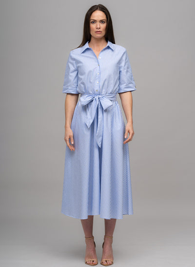 LE MARAIS BLUE AND WHITE STRIPE EVERYDAY MIDI SHIRT DRESS