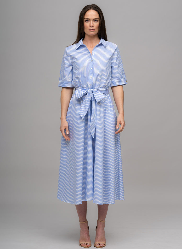 LE MARAIS BLUE AND WHITE STRIPE EVERYDAY MIDI SHIRT DRESS