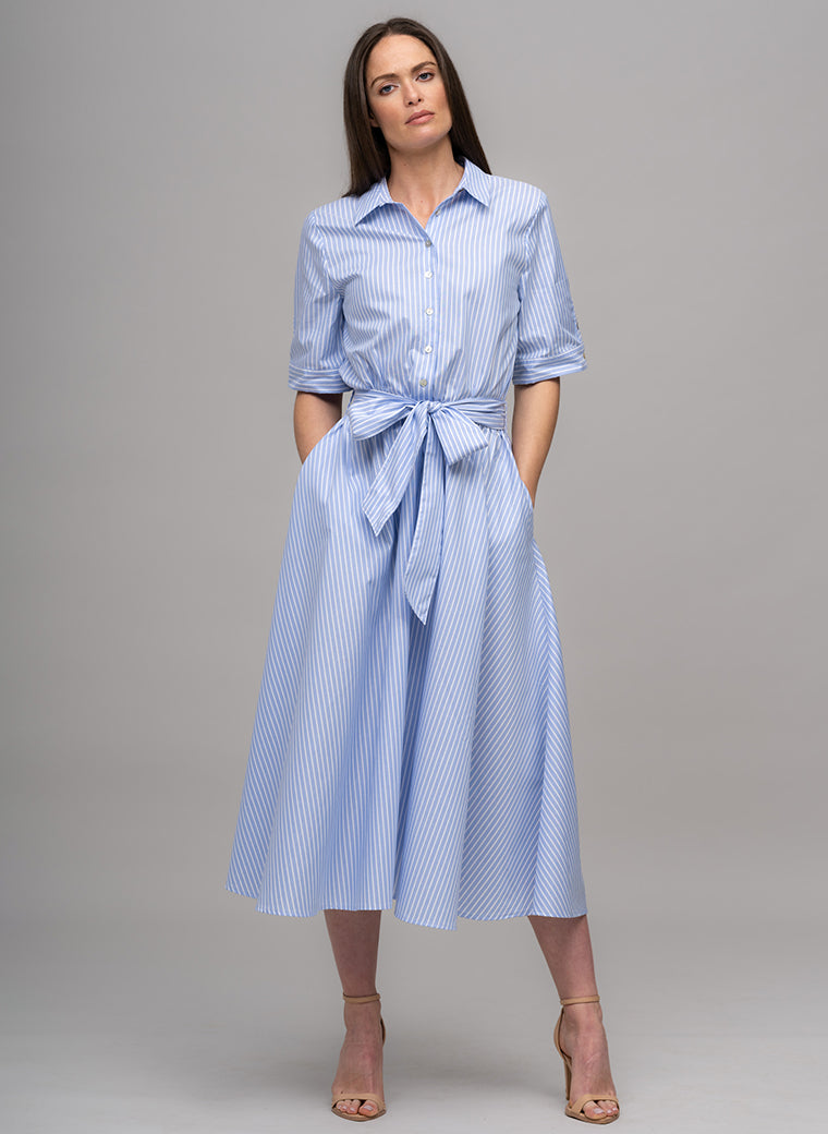LE MARAIS BLUE AND WHITE STRIPE EVERYDAY MIDI SHIRT DRESS
