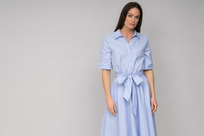 LE MARAIS BLUE AND WHITE STRIPE EVERYDAY MIDI SHIRT DRESS