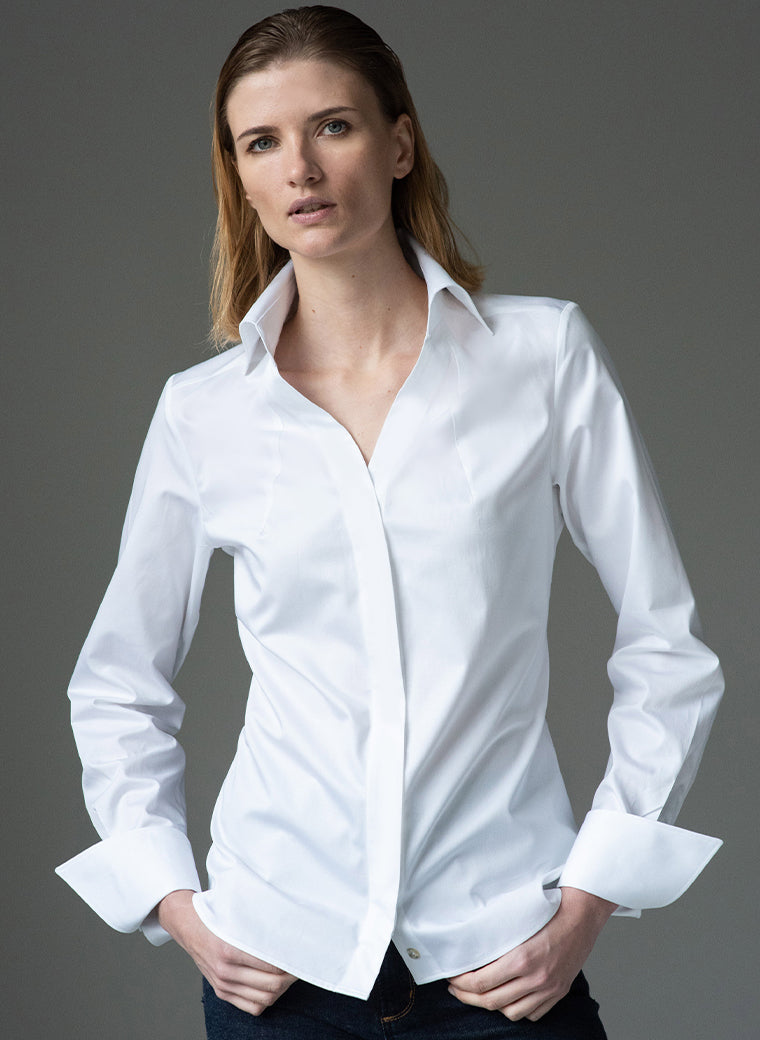 madelena white organic cotton v neck classic shirt
