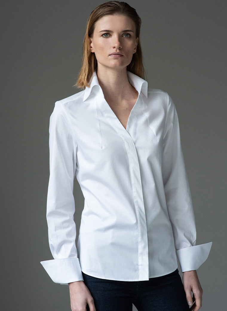 madelena white organic cotton v neck classic shirt
