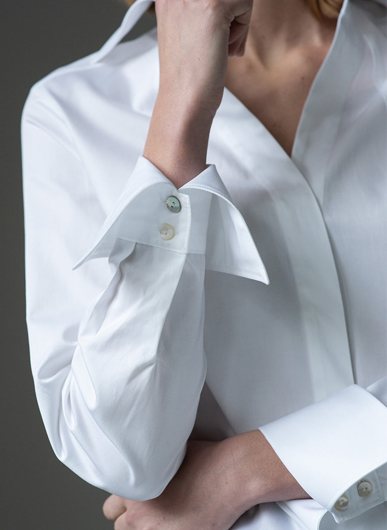 madelena white organic cotton v neck classic shirt cuffs`