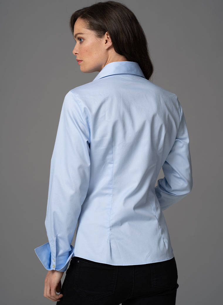 MADELENA LIGHT BLUE TAILORED V-NECK ORGANIC COTTON SHIRT