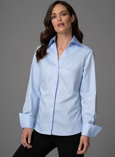 MADELENA LIGHT BLUE TAILORED V-NECK ORGANIC COTTON SHIRT