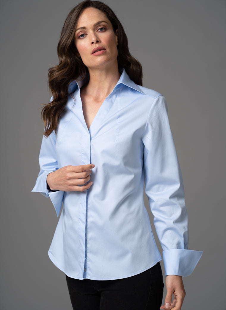 MADELENA LIGHT BLUE TAILORED V-NECK ORGANIC COTTON SHIRT