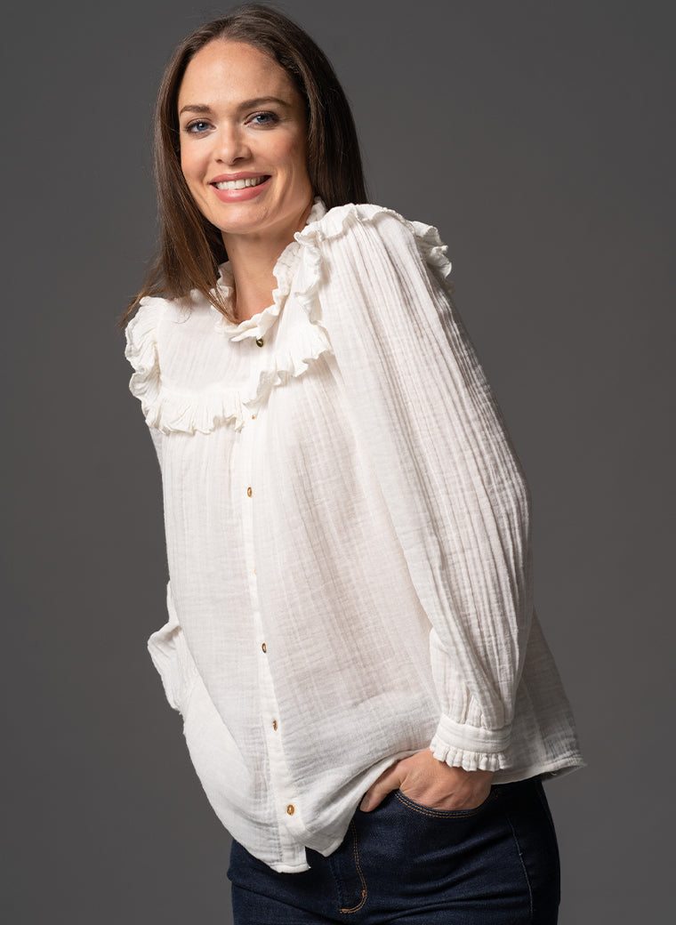MAGGIE ECRU FRILL TRIM MUSLIN COTTON BOHO RANGE BLOUSE