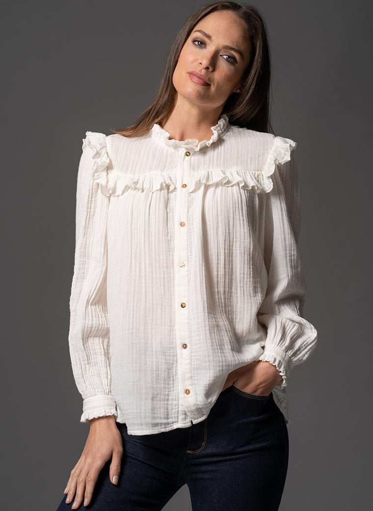 MAGGIE ECRU FRILL TRIM MUSLIN COTTON BOHO RANGE BLOUSE