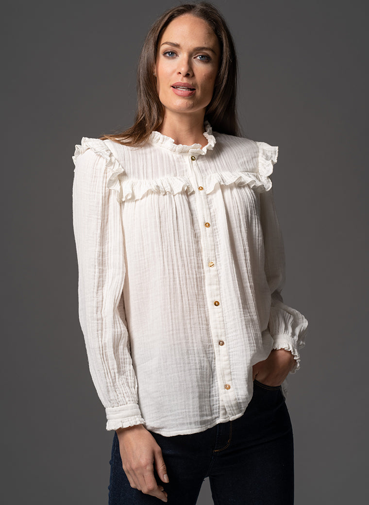MAGGIE ECRU FRILL TRIM MUSLIN COTTON BOHO RANGE BLOUSE