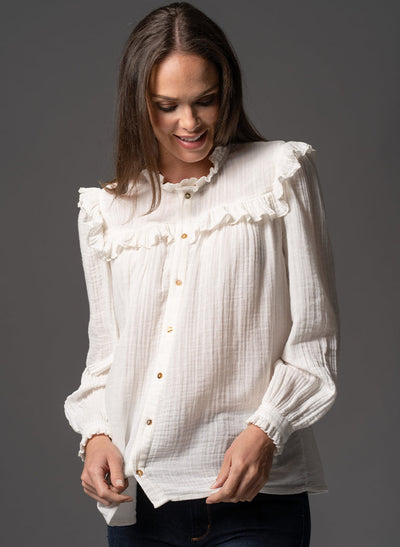 MAGGIE ECRU FRILL TRIM MUSLIN COTTON BOHO RANGE BLOUSE