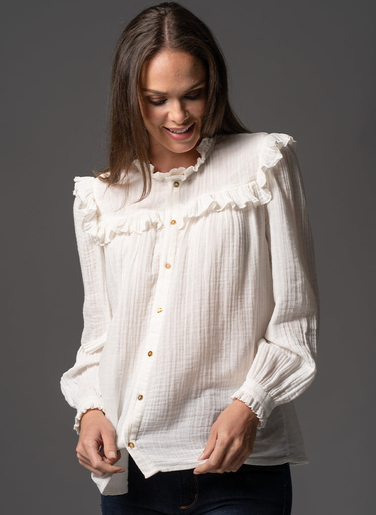 MAGGIE ECRU FRILL TRIM MUSLIN COTTON BOHO RANGE BLOUSE