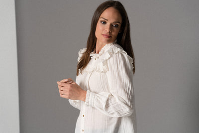 MAGGIE ECRU FRILL TRIM MUSLIN COTTON BOHO RANGE BLOUSE