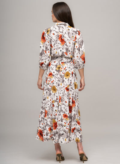 MAJORELLE EVERYDAY MIDAXI SHIRT DRESS IN BURNT ORANGE/GREY FLORAL PRINT