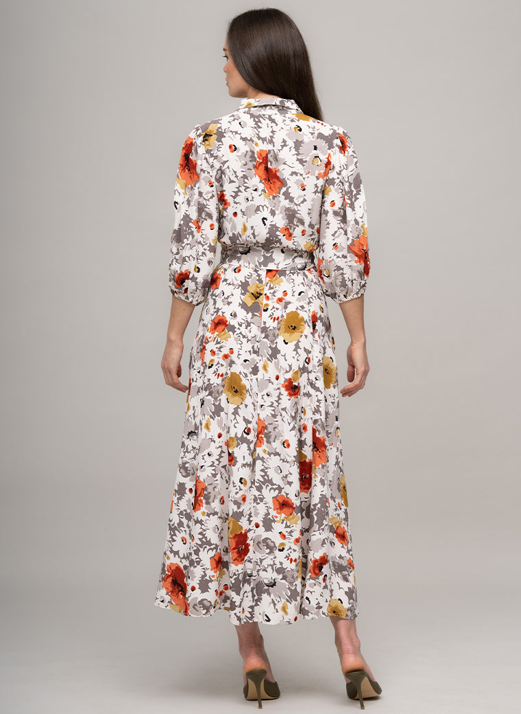 MAJORELLE EVERYDAY MIDAXI SHIRT DRESS IN BURNT ORANGE/GREY FLORAL PRINT