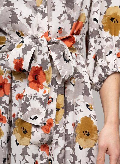 MAJORELLE EVERYDAY MIDAXI SHIRT DRESS IN BURNT ORANGE/GREY FLORAL PRINT