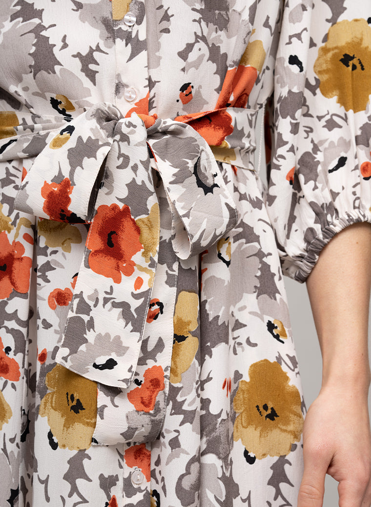 MAJORELLE EVERYDAY MIDAXI SHIRT DRESS IN BURNT ORANGE/GREY FLORAL PRINT