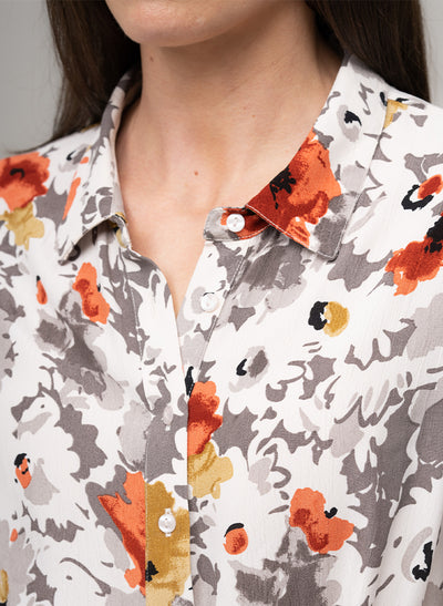 MAJORELLE EVERYDAY MIDAXI SHIRT DRESS IN BURNT ORANGE/GREY FLORAL PRINT