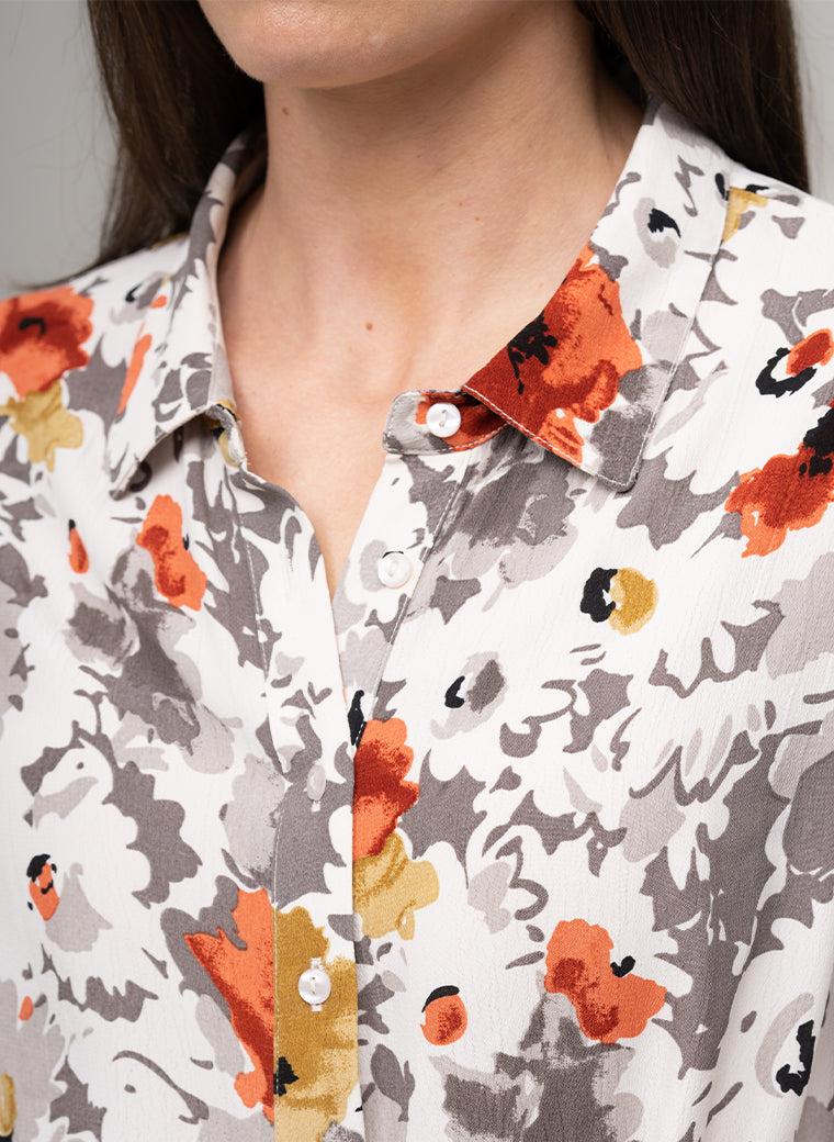 MAJORELLE EVERYDAY MIDAXI SHIRT DRESS IN BURNT ORANGE/GREY FLORAL PRINT
