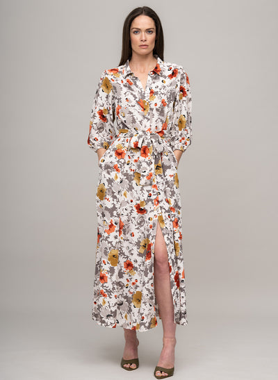 MAJORELLE EVERYDAY MIDAXI SHIRT DRESS IN BURNT ORANGE/GREY FLORAL PRINT