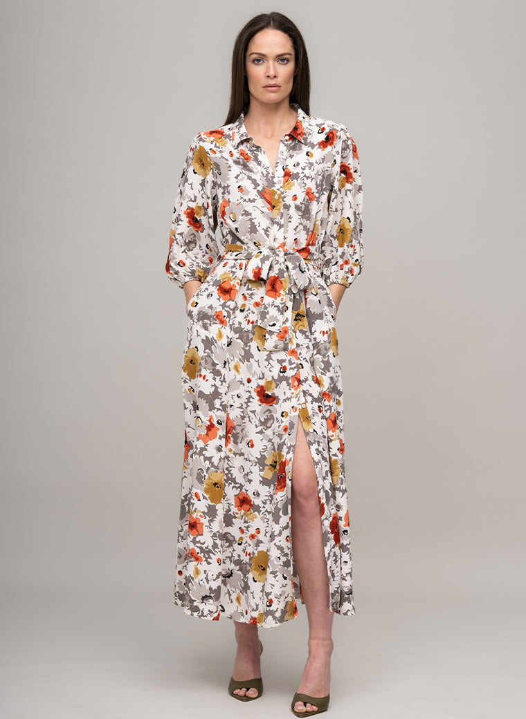 MAJORELLE EVERYDAY MIDAXI SHIRT DRESS IN BURNT ORANGE/GREY FLORAL PRINT