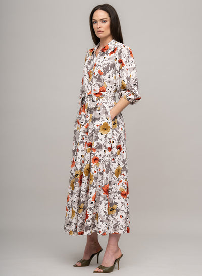 MAJORELLE EVERYDAY MIDAXI SHIRT DRESS IN BURNT ORANGE/GREY FLORAL PRINT