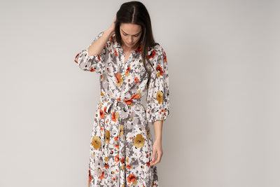 MAJORELLE EVERYDAY MIDAXI SHIRT DRESS IN BURNT ORANGE/GREY FLORAL PRINT